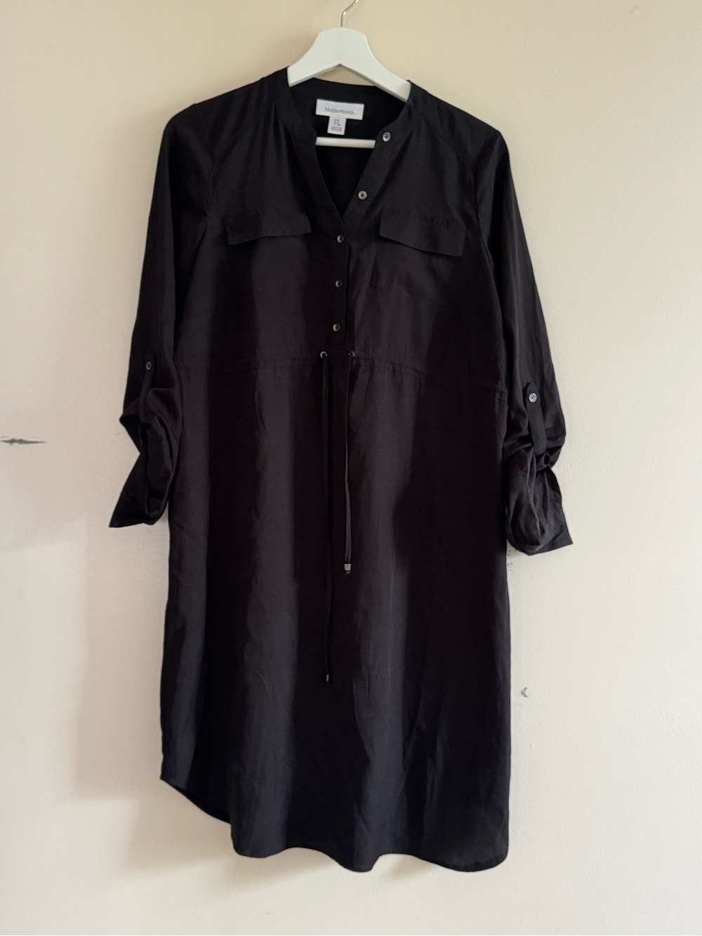 Motherhood Black Long-Sleeve Shirtdress with Drawstring Waist
